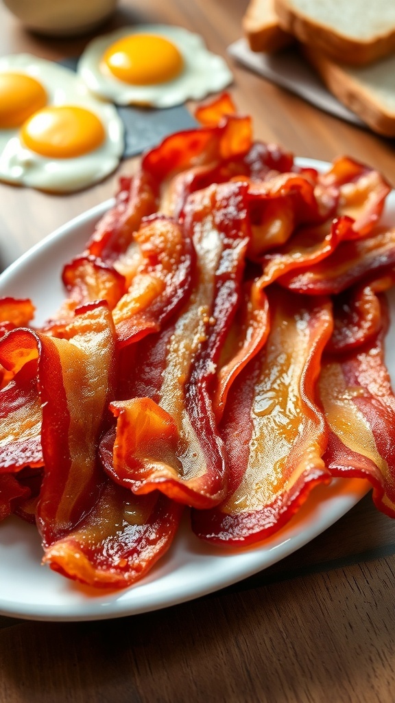 A plate of crispy bacon strips on a wooden table, with eggs and toast in the background.